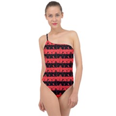 Donated Kidney Pink And Black Halloween Nightmare Stripes  Classic One Shoulder Swimsuit by PodArtist