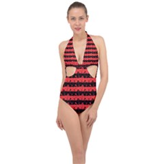 Donated Kidney Pink And Black Halloween Nightmare Stripes  Halter Front Plunge Swimsuit