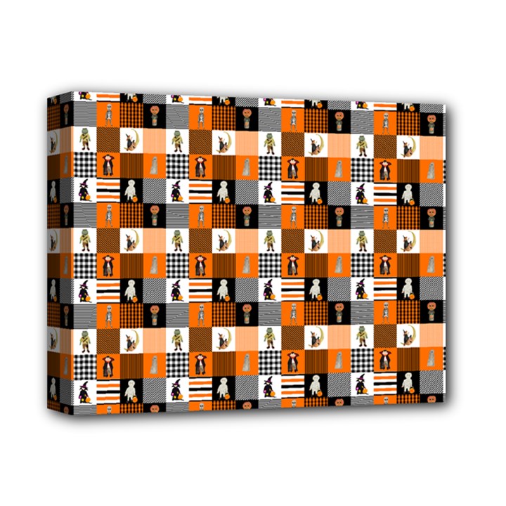 Witches, Monsters and Ghosts Halloween Orange and Black Patchwork Quilt Squares Deluxe Canvas 14  x 11  (Stretched)