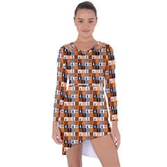 Witches, Monsters And Ghosts Halloween Orange And Black Patchwork Quilt Squares Asymmetric Cut-out Shift Dress by PodArtist