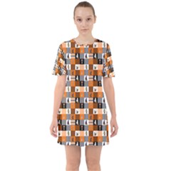 Witches, Monsters And Ghosts Halloween Orange And Black Patchwork Quilt Squares Sixties Short Sleeve Mini Dress by PodArtist