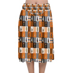 Witches, Monsters And Ghosts Halloween Orange And Black Patchwork Quilt Squares Velvet Flared Midi Skirt by PodArtist