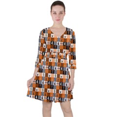 Witches, Monsters And Ghosts Halloween Orange And Black Patchwork Quilt Squares Ruffle Dress by PodArtist