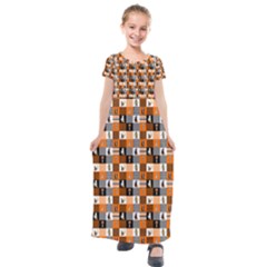 Witches, Monsters And Ghosts Halloween Orange And Black Patchwork Quilt Squares Kids  Short Sleeve Maxi Dress by PodArtist