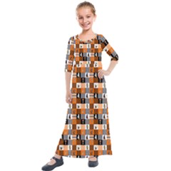 Witches, Monsters And Ghosts Halloween Orange And Black Patchwork Quilt Squares Kids  Quarter Sleeve Maxi Dress by PodArtist