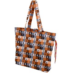 Witches, Monsters And Ghosts Halloween Orange And Black Patchwork Quilt Squares Drawstring Tote Bag