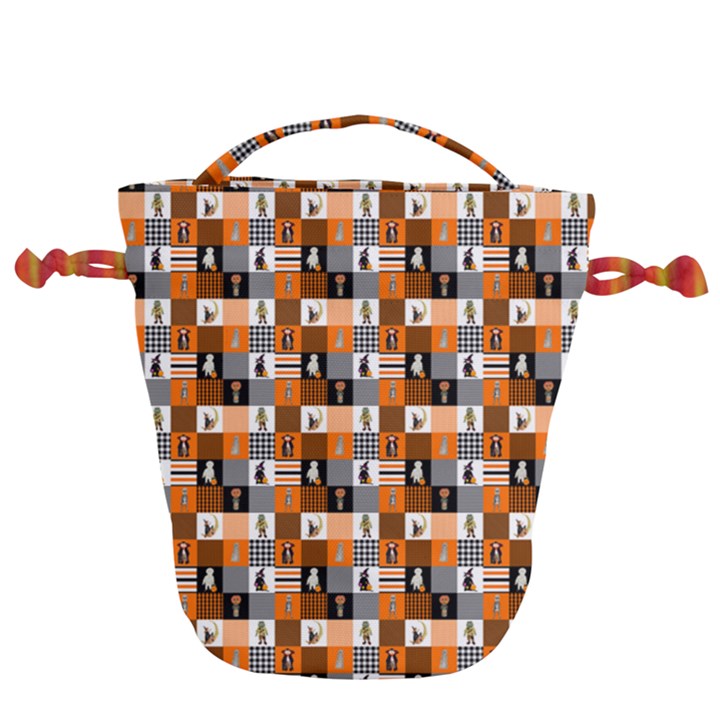 Witches, Monsters and Ghosts Halloween Orange and Black Patchwork Quilt Squares Drawstring Bucket Bag