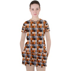 Witches, Monsters And Ghosts Halloween Orange And Black Patchwork Quilt Squares Women s Tee And Shorts Set