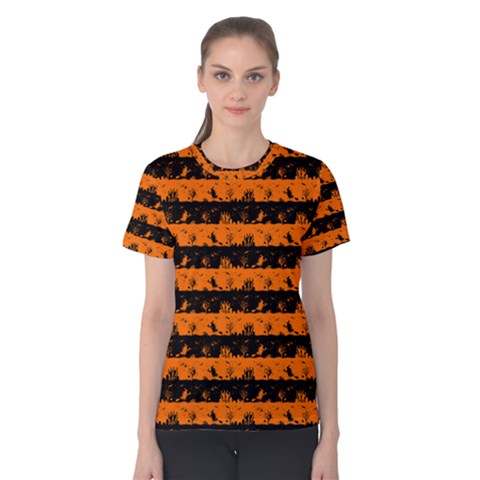 Dark Pumpkin Orange And Black Halloween Nightmare Stripes  Women s Cotton Tee by PodArtist