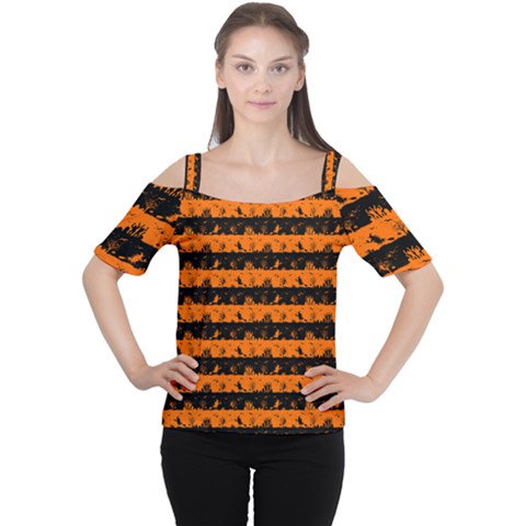 Dark Pumpkin Orange And Black Halloween Nightmare Stripes  Cutout Shoulder Tee by PodArtist