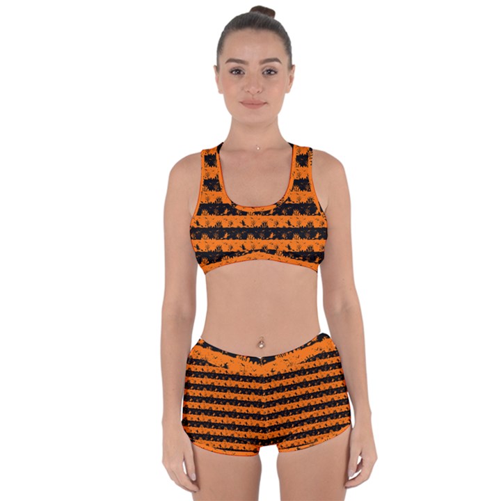 Dark Pumpkin Orange and Black Halloween Nightmare Stripes  Racerback Boyleg Bikini Set