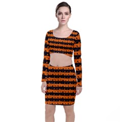 Dark Pumpkin Orange And Black Halloween Nightmare Stripes  Top And Skirt Sets