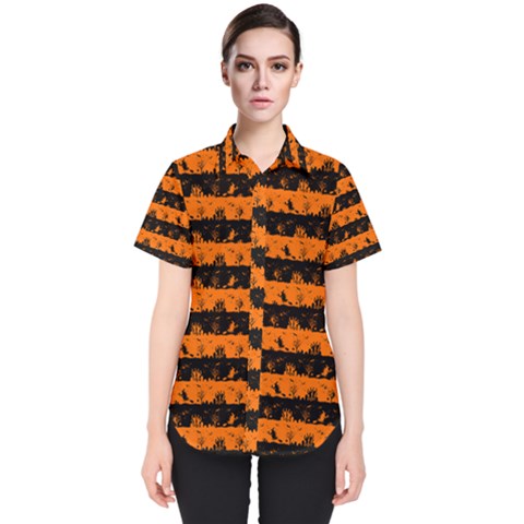 Dark Pumpkin Orange And Black Halloween Nightmare Stripes  Women s Short Sleeve Shirt by PodArtist