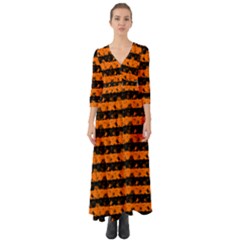 Dark Pumpkin Orange And Black Halloween Nightmare Stripes  Button Up Boho Maxi Dress by PodArtist