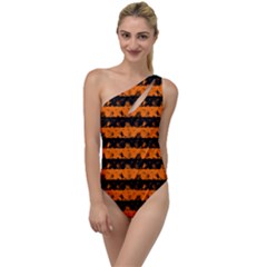 Dark Pumpkin Orange And Black Halloween Nightmare Stripes  To One Side Swimsuit by PodArtist