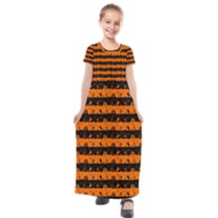 Dark Pumpkin Orange And Black Halloween Nightmare Stripes  Kids  Short Sleeve Maxi Dress