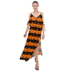 Dark Pumpkin Orange And Black Halloween Nightmare Stripes  Maxi Chiffon Cover Up Dress