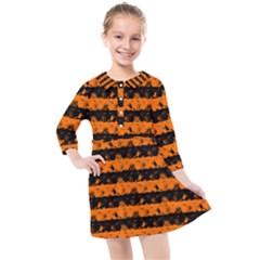 Dark Pumpkin Orange And Black Halloween Nightmare Stripes  Kids  Quarter Sleeve Shirt Dress