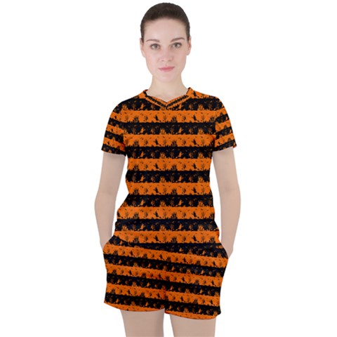 Dark Pumpkin Orange And Black Halloween Nightmare Stripes  Women s Tee And Shorts Set by PodArtist