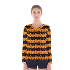 Pale Pumpkin Orange And Black Halloween Nightmare Stripes  Women s Long Sleeve Tee