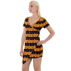 Pale Pumpkin Orange And Black Halloween Nightmare Stripes  Short Sleeve Asymmetric Mini Dress