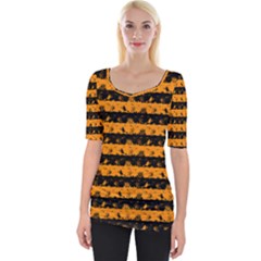 Pale Pumpkin Orange And Black Halloween Nightmare Stripes  Wide Neckline Tee