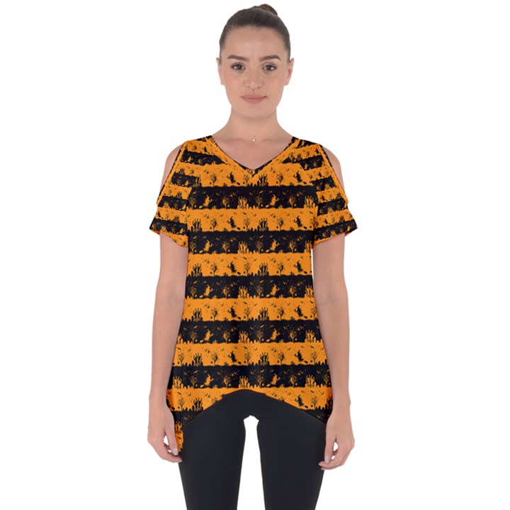 Pale Pumpkin Orange and Black Halloween Nightmare Stripes  Cut Out Side Drop Tee