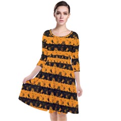 Pale Pumpkin Orange And Black Halloween Nightmare Stripes  Quarter Sleeve Waist Band Dress by PodArtist