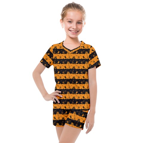 Pale Pumpkin Orange And Black Halloween Nightmare Stripes  Kids  Mesh Tee And Shorts Set by PodArtist