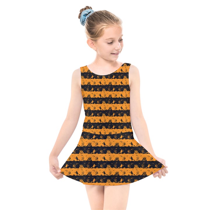 Pale Pumpkin Orange and Black Halloween Nightmare Stripes  Kids  Skater Dress Swimsuit