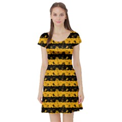 Pale Pumpkin Orange And Black Halloween Nightmare Stripes  Short Sleeve Skater Dress by PodArtist