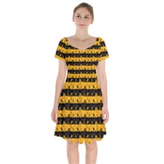 Pale Pumpkin Orange And Black Halloween Nightmare Stripes  Short Sleeve Bardot Dress