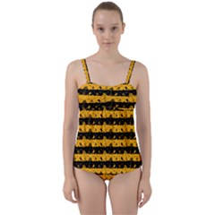 Pale Pumpkin Orange And Black Halloween Nightmare Stripes  Twist Front Tankini Set by PodArtist