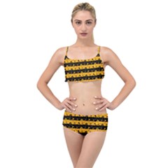 Pale Pumpkin Orange And Black Halloween Nightmare Stripes  Layered Top Bikini Set by PodArtist