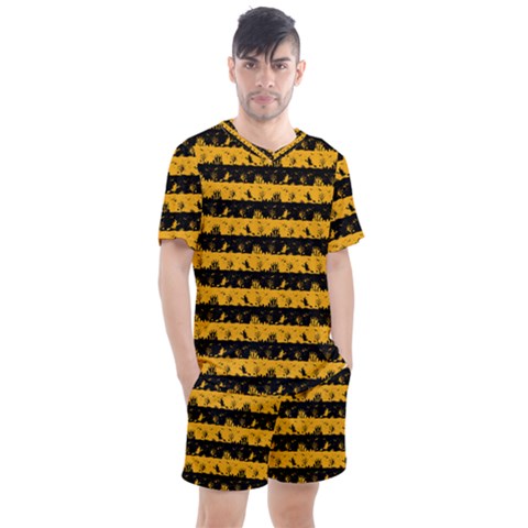 Pale Pumpkin Orange And Black Halloween Nightmare Stripes  Men s Mesh Tee And Shorts Set by PodArtist