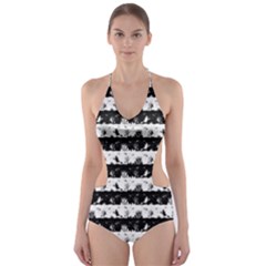 Black And White Halloween Nightmare Stripes Cut-out One Piece Swimsuit by PodArtist