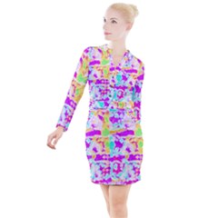 Pink Yellow Blue Green Texture                                                   Button Long Sleeve Dress