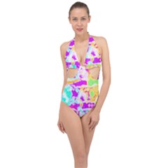 Pink Yellow Blue Green Texture                                                 Halter Front Plunge Swimsuit