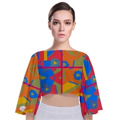 Colorful Shapes In Tiles                                            Tie Back Butterfly Sleeve Chiffon Top