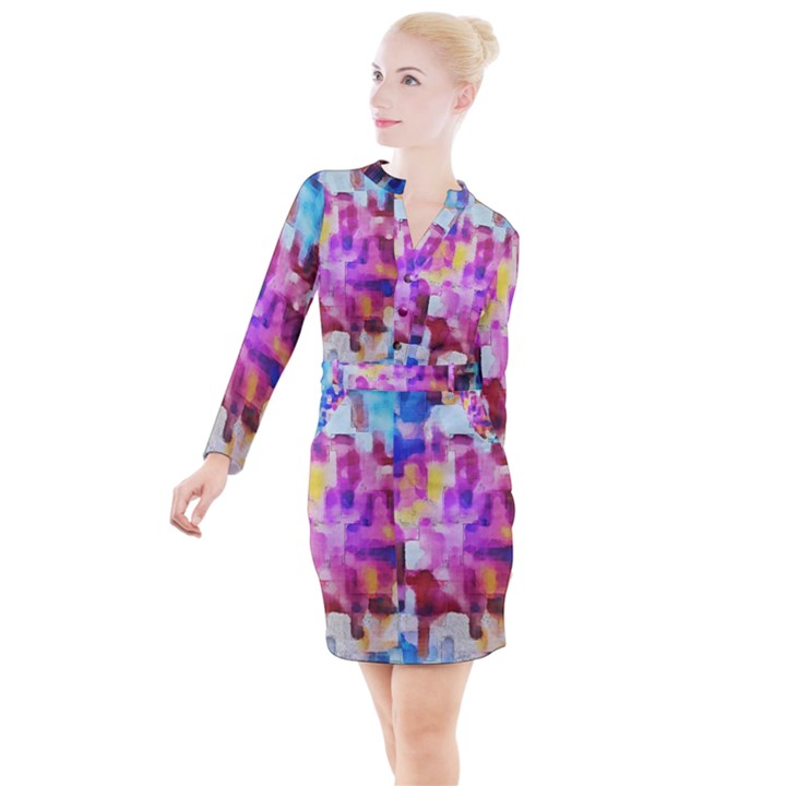 Blue pink watercolors                                                      Button Long Sleeve Dress