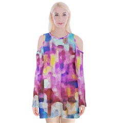 Blue Pink Watercolors                                            Velvet Long Sleeve Shoulder Cutout Dress