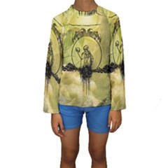 Awesome Creepy Skeleton With Skull Kids  Long Sleeve Swimwear by FantasyWorld7