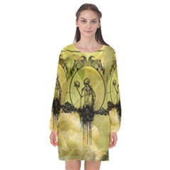 Awesome Creepy Skeleton With Skull Long Sleeve Chiffon Shift Dress  by FantasyWorld7