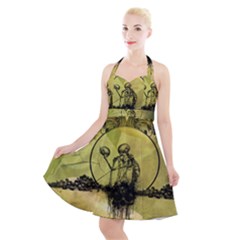 Awesome Creepy Skeleton With Skull Halter Party Swing Dress  by FantasyWorld7