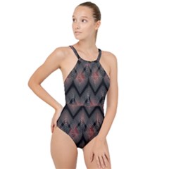 Blurred Lines Red And Black Designs By Flipstylez Designs High Neck One Piece Swimsuit