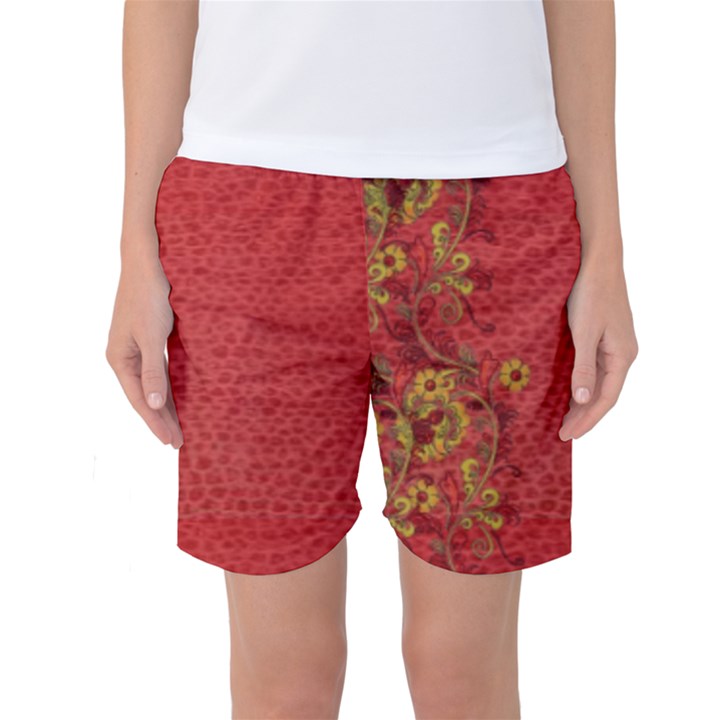 Red flowers on red print background by FlipStylez Designs Women s Basketball Shorts