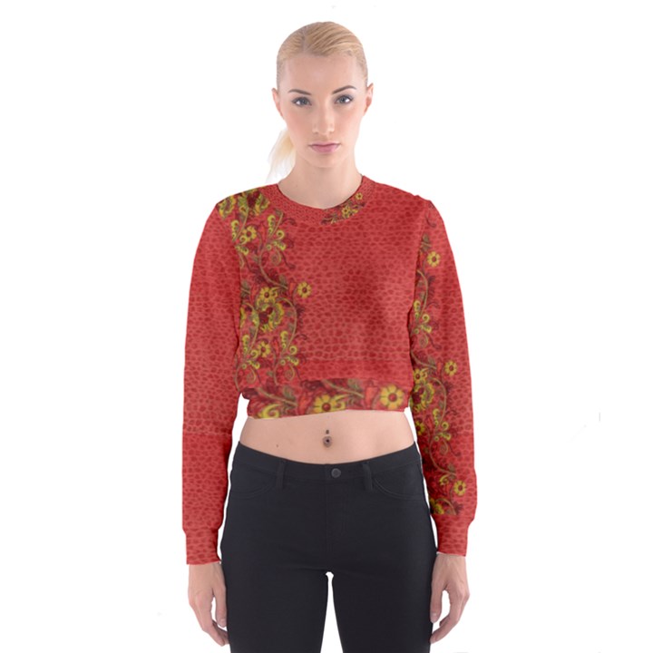 Red flowers on red print background by FlipStylez Designs Cropped Sweatshirt