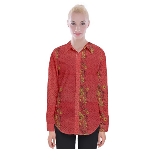 Red Flowers On Red Print Background By Flipstylez Designs Womens Long Sleeve Shirt by flipstylezfashionsLLC