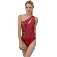 Red Flowers On Red Print Background By Flipstylez Designs To One Side Swimsuit by flipstylezfashionsLLC