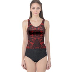 Red And Black Leather Red Lace By Flipstylez Designs One Piece Swimsuit by flipstylezfashionsLLC